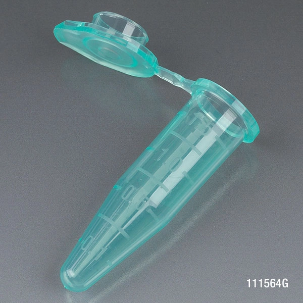 Microcentrifuge Tube, 1.5mL, PP, Attached Snap Cap, Graduated, Green, Certified: Rnase, Dnase and Pyrogen Free, 500/Stand Up Zip Lock Bag — Qty/Unit: 500