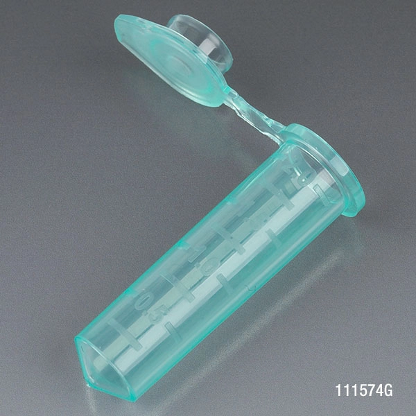 Microcentrifuge Tube, 2.0mL, PP, Attached Snap Cap, Graduated, Green, Certified: Rnase, Dnase and Pyrogen Free, 500/Stand Up Zip Lock Bag — Qty/Unit: 500