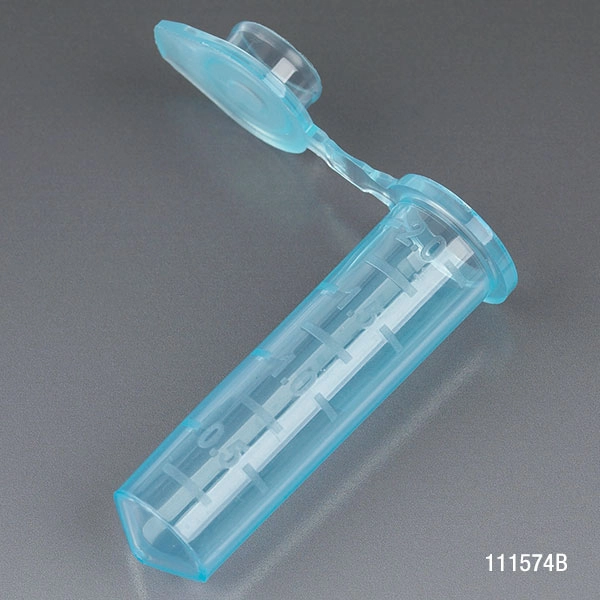 Microcentrifuge Tube, 2.0mL, PP, Attached Snap Cap, Graduated, Blue, Certified: Rnase, Dnase and Pyrogen Free, 500/Stand Up Zip Lock Bag — Qty/Unit: 500