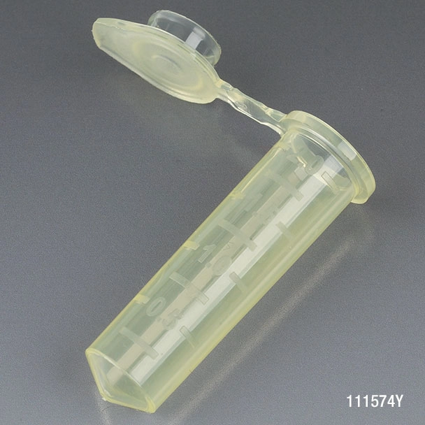 Microcentrifuge Tube, 2.0mL, PP, Attached Snap Cap, Graduated, Yellow, Certified: Rnase, Dnase and Pyrogen Free, 500/Stand Up Zip Lock Bag — Qty/Unit: 500