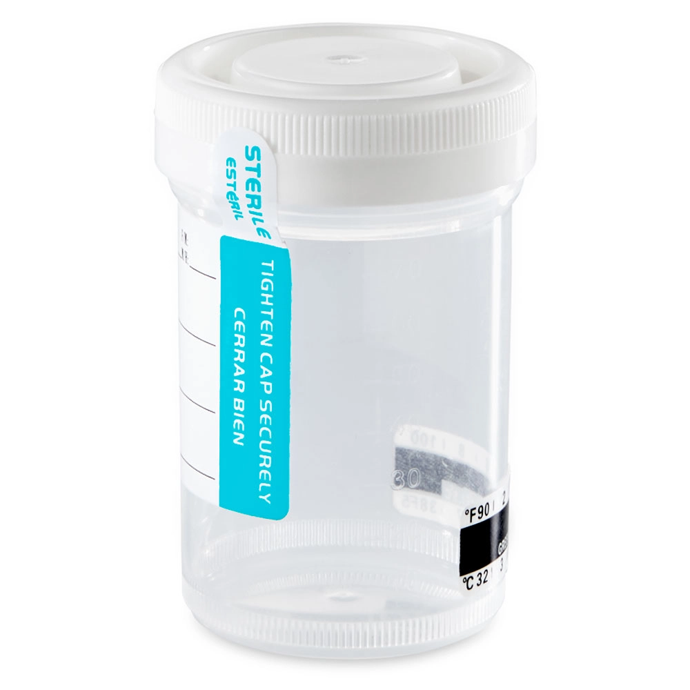 Drug Test Container, 90mL, with Attached White Screwcap, STERILE, Tab-Seal Patient ID Label & Thermometer Strip, PP