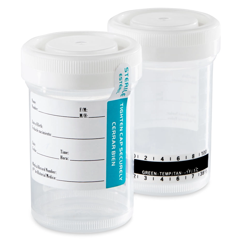 Drug Test Container, 90mL, with Attached White Screwcap, STERILE, Tab-Seal Patient ID Label & Thermometer Strip, PP