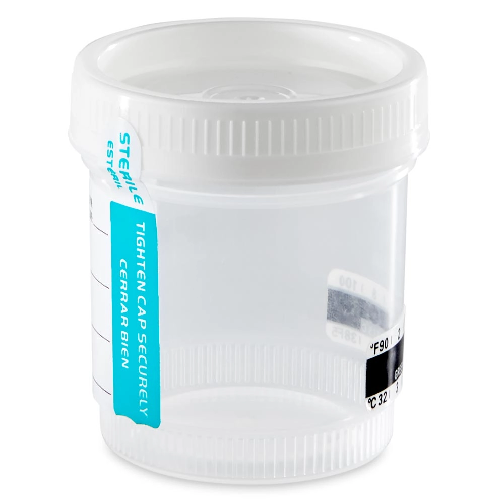 Drug Test Container, 90mL, Wide Mouth, Attached White Screwcap, STERILE, Tab-Seal Patient ID Label & Celsius Thermometer Strip, PP — Qty/Unit: 300