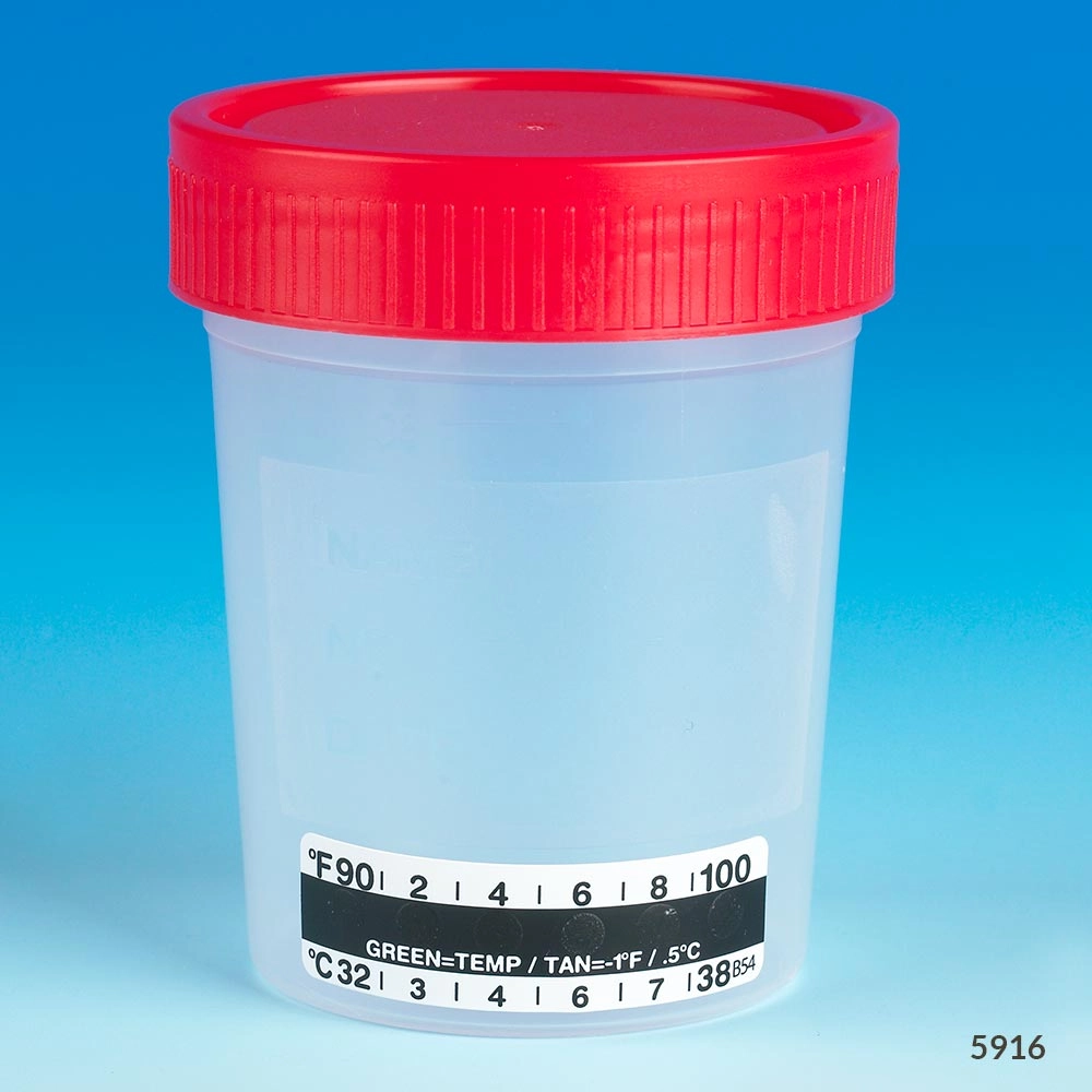 Specimen Container, 4oz, with Attached Thermometer Strip, Separate 1/4-Turn Red Screwcap, Non-Sterile, PP, Graduated, Bulk — Qty/Unit: 500