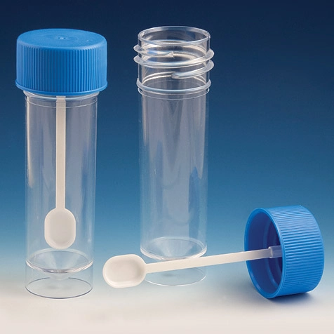 Container, Fecal, 30mL, Attached Screwcap with Spoon, PS, Conical Bottom, Self-Standing, 100/Bag, 5 Bags/Unit