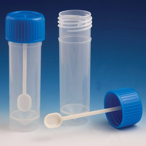 Container, Fecal, 30mL, Attached Screw Cap with Spoon, PP, Conical Bottom, Self-Standing, 100/Bag, 5 Bags/Unit — Qty/Unit: 500