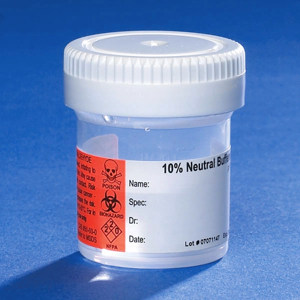 Pre-Filled Container with Click Close Lid: Tite-Rite, 20mL (0.67oz), PP, Filled with 10mL of 10% Neutral Buffered Formalin, Attached Hazard Label, 24/Box, 4 Boxes/Unit