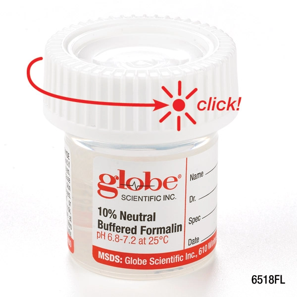 Pre-Filled Click Close Container: 20mL (0.67oz), PP, Filled with 10mL of 10% Neutral Buffered Formalin, Attached Hazard Label, 24/CariPak, 4 CariPaks/Case