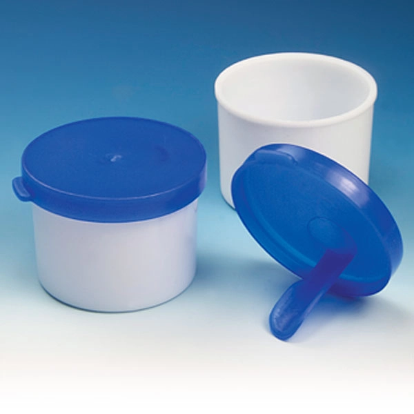 Container, Fecal, 20mL, White Container with Blue Cap, Attached Spoon, 100/Bag, 12 Bags/Case