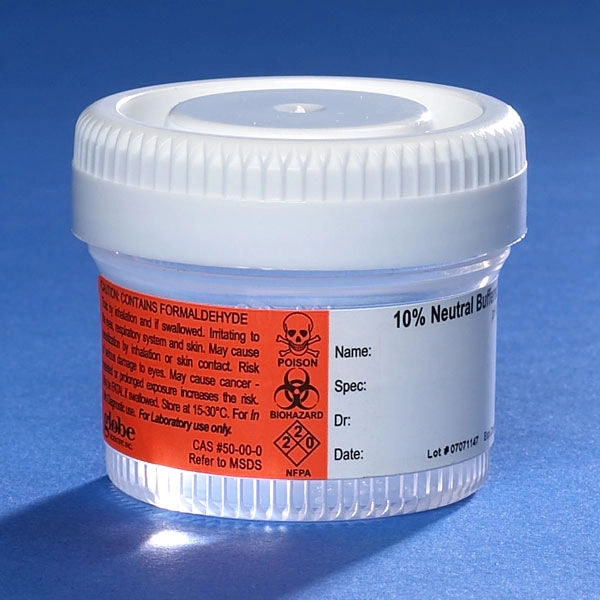 Pre-Filled Container with Click Close Lid: Tite-Rite, 40mL (1.34oz), PP, Filled with 20mL of 10% Neutral Buffered Formalin, Attached Hazard Label, 24/Box, 4 Boxes/Unit