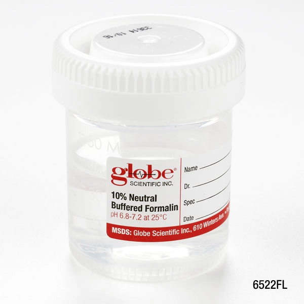 Pre-Filled Click Close Container: 60mL (2oz), PP, Filled with 30mL of 10% Neutral Buffered Formalin, Attached Hazard Label, 24/CariPak, 4 CariPaks/Case