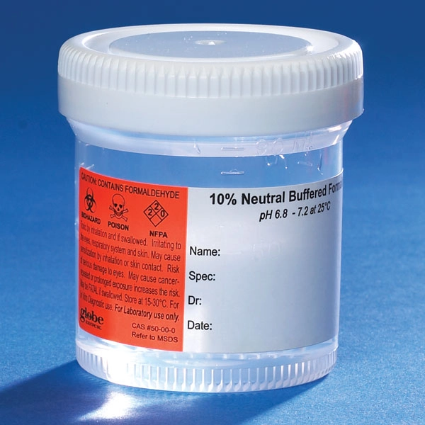 Pre-Filled Container with Click Close Lid: Tite-Rite, 90mL (3oz), Wide Mouth, PP, Filled with 45mL of 10% Neutral Buffered Formalin, Attached Hazard Label, 24/Box, 4 Boxes/Unit — Qty/Unit: 96