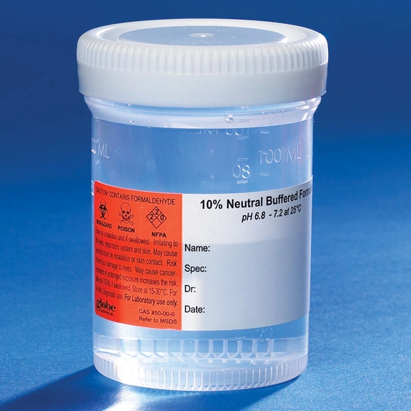 Pre-Filled Container with Click Close Lid: Tite-Rite, 120mL (4oz), PP, Filled with 60mL of 10% Neutral Buffered Formalin, Attached Hazard Label, 24/Box, 4 Boxes/Unit