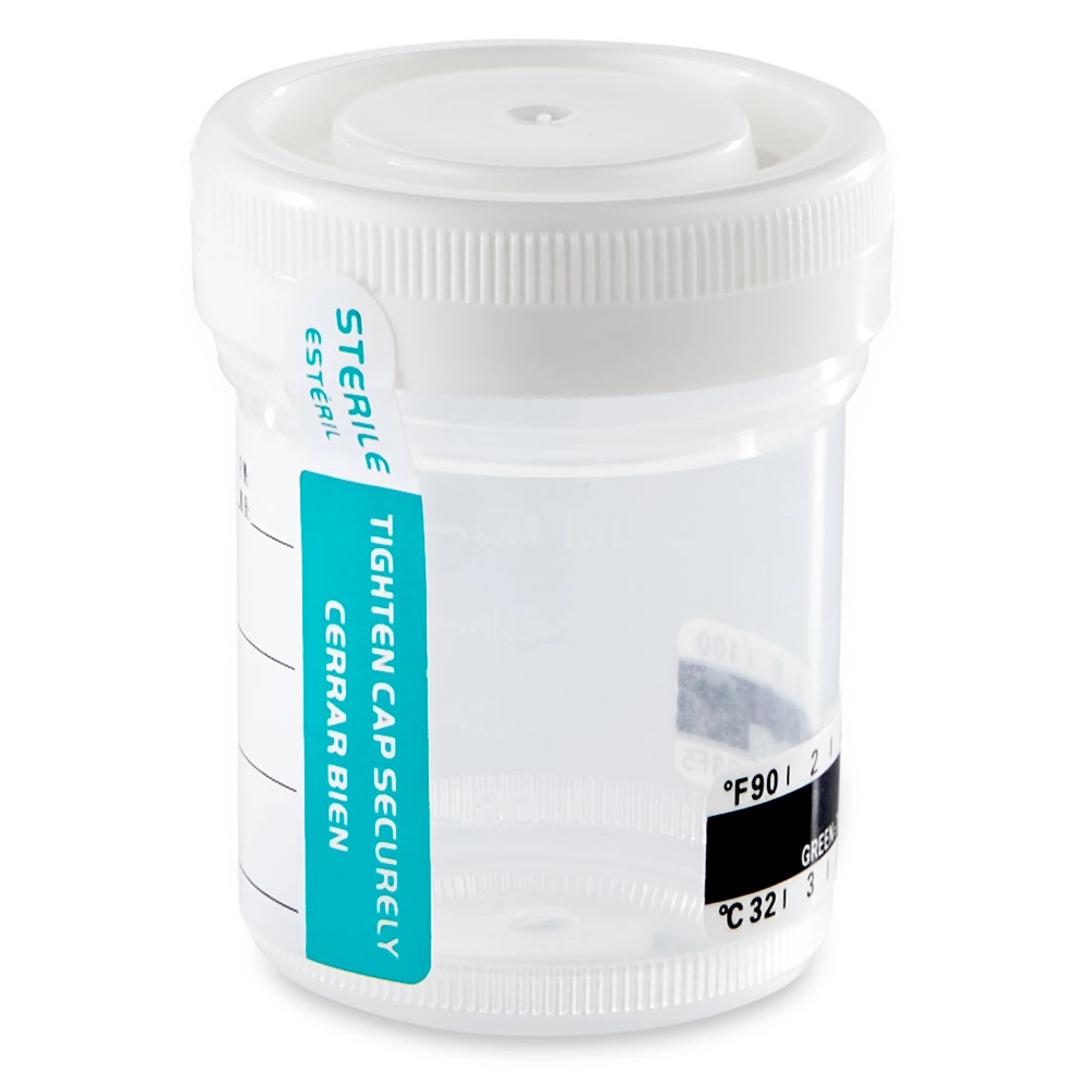 Container: Tite-Rite, 60mL (2 oz), PP, STERILE, Attached White Screw Cap, ID Label with Tab Seal, Graduated, Thermometer Strip