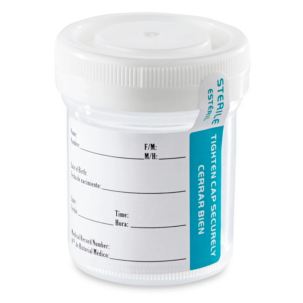 Container: Tite-Rite, 60mL (2oz), PP, STERILE, Attached White Screw Cap, ID Label with Tab Seal and Temperature strip, Graduated