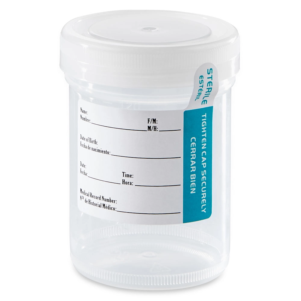 Container: Tite-Rite, 120mL (4oz), PP, STERILE, Attached White Screw Cap, ID Label with Tab Seal, Graduated