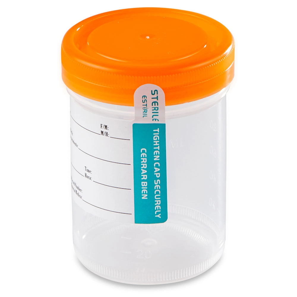 Container: Tite-Rite, 120mL (4oz), PP, STERILE, Attached Orange Screw Cap, ID Label, Graduated, Individually Wrapped