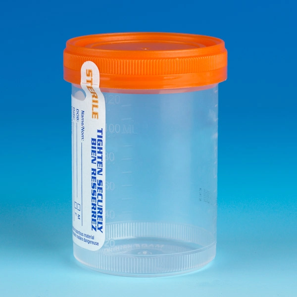 Container: Tite-Rite, 120mL (4oz), PP, STERILE, Attached Orange Screw Cap, ID Label, Graduated, Individually Wrapped