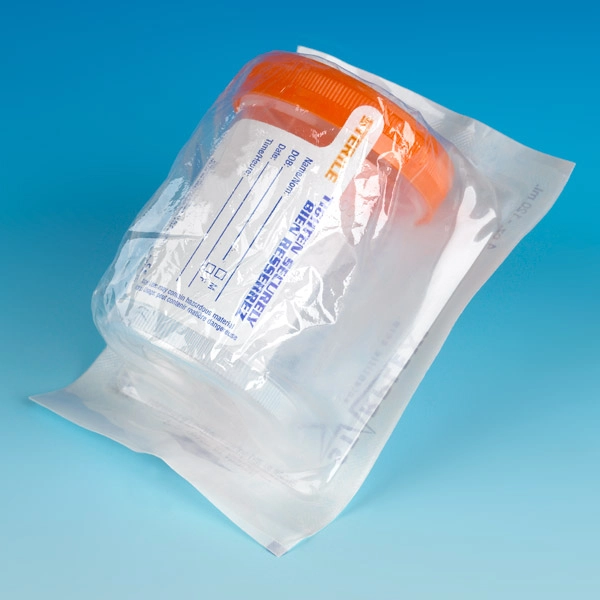 Container: Tite-Rite, 120mL (4oz), PP, STERILE, Attached Orange Screw Cap, ID Label, Graduated, Individually Wrapped — Qty/Unit: 100