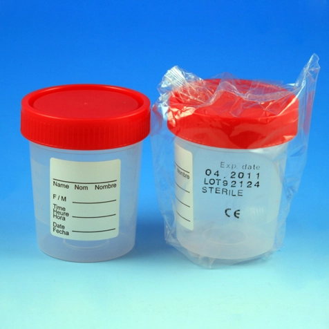 Specimen Container, 4oz, with 1/4-Turn Red Screwcap and Tri-Lingual ID Label, STERILE, PP, Individually Wrapped, Graduated — Qty/Unit: 100