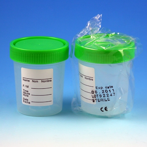 Specimen Container, 4oz, with 1/4-Turn Green Screwcap and Tri-Lingual ID Label, STERILE, PP, Individually Wrapped, Graduated — Qty/Unit: 100