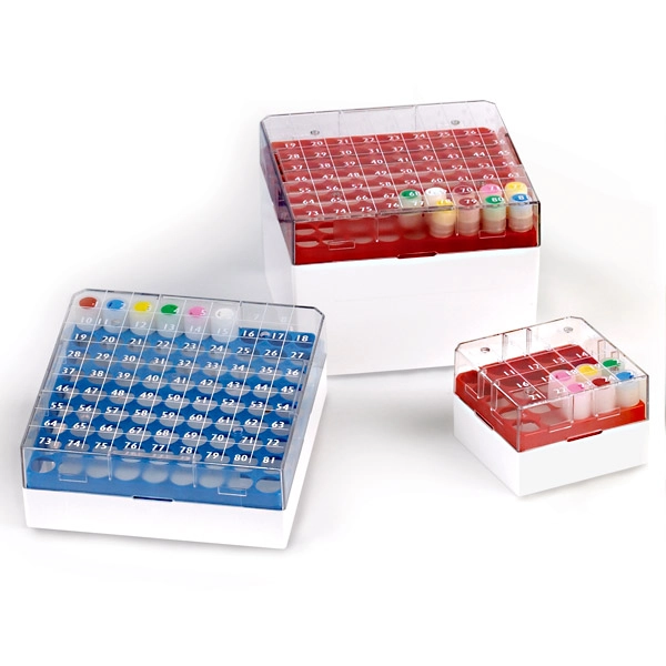 BioBOX 81, for 1.0mL and 2.0mL CryoCLEAR vials, Polycarbonate (PC), Holds 81 vials (9x9 format), Printed Lid, Pack Includes a CryoClear Tube Picker, RED — Qty/Unit: 5