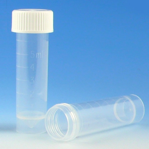 Transport Tube, 5mL, with Separate Green Screw Cap, PP, Conical Bottom, Self-Standing, Molded Graduations — Qty/Unit: 1000