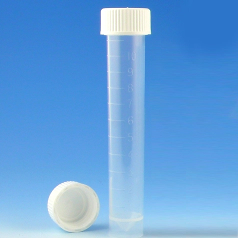 Transport Tube, 10mL, with Separate White Screw Cap, PP, Conical Bottom, Self-Standing, Molded Graduations — Qty/Unit: 1000