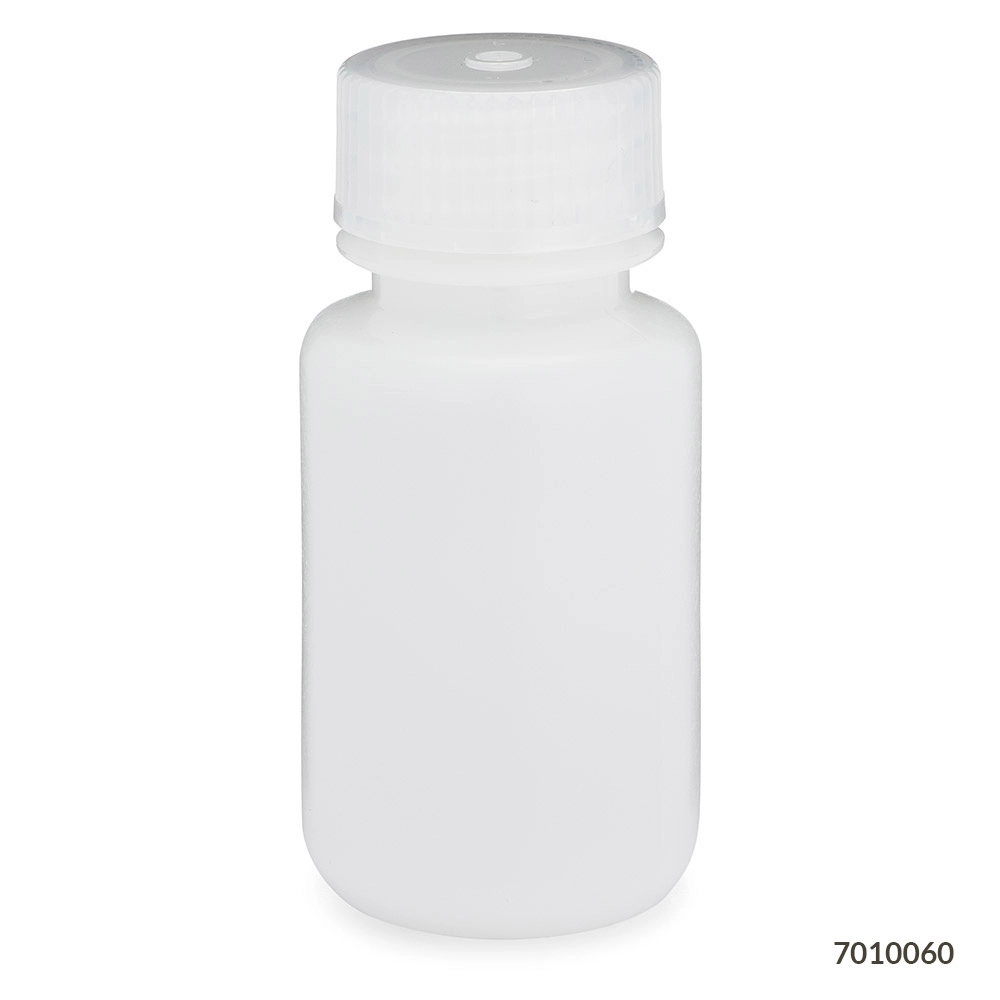 Bottle, Wide Mouth, HDPE Bottle, Attached PP Screw Cap, 60mL, 12/Pack — Qty/Unit: 12