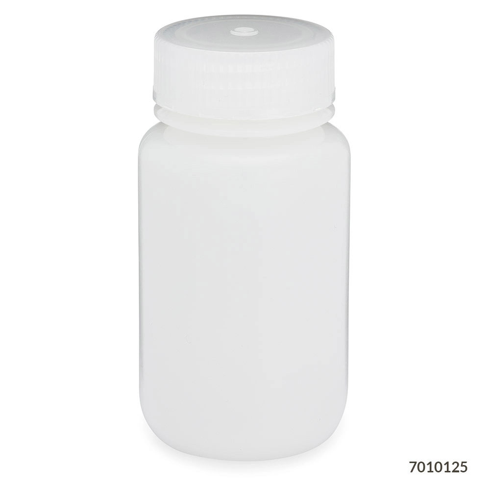 Bottle, Wide Mouth, HDPE Bottle, Attached PP Screw Cap, 125mL, 12/Pack — Qty/Unit: 12