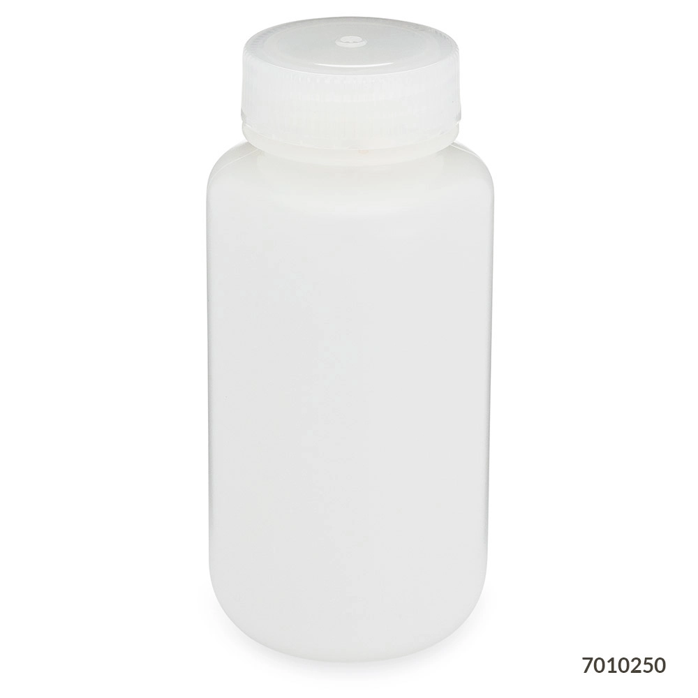 Bottle, Wide Mouth, HDPE Bottle, Attached PP Screw Cap, 250mL, 12/Pack — Qty/Unit: 12