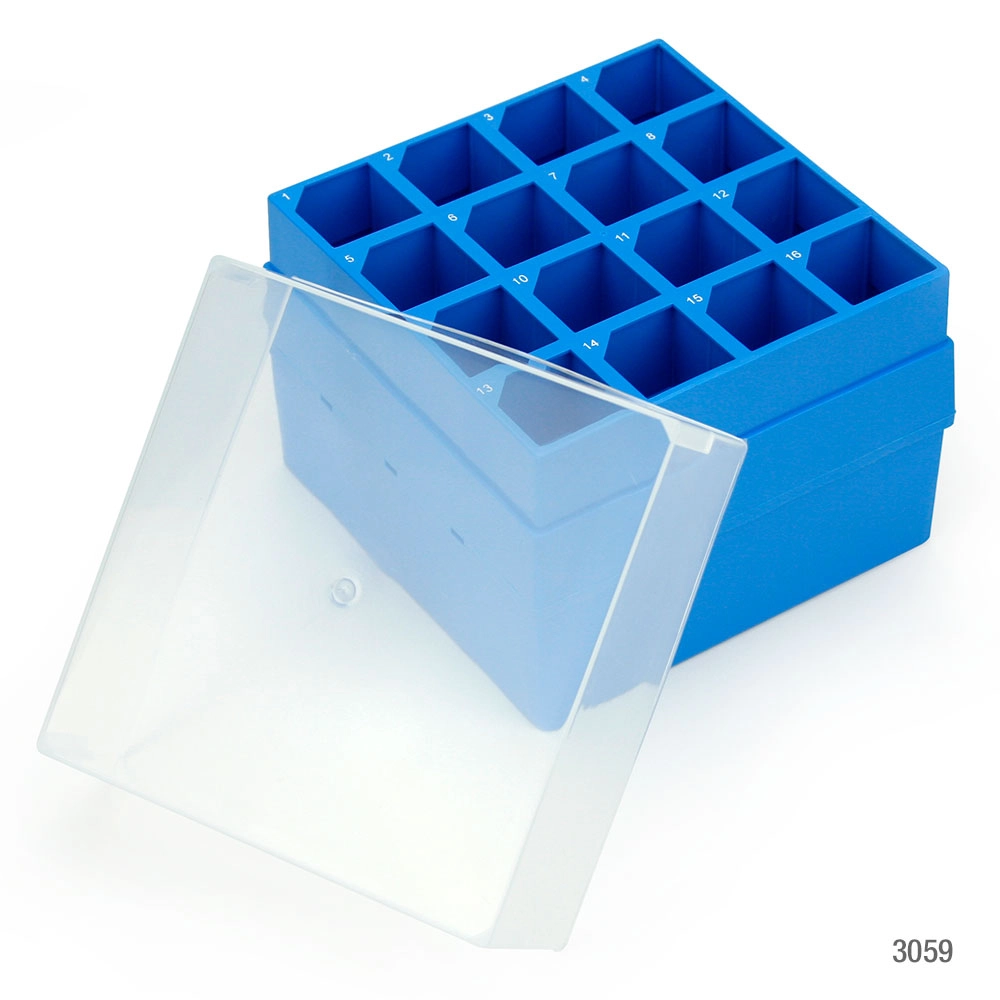 Storage Box with Lid for 50mL Centrifuge Tubes, 16-Place (4x4), PP, Blue Base & Clear Lid, 4 Boxes/Carton — Qty/Unit: 4