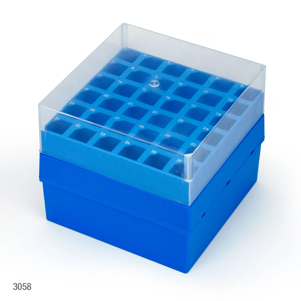 Storage Box with Lid for 15mL Centrifuge Tubes, 36-Place (6x6), PP, Blue Base & Clear Lid