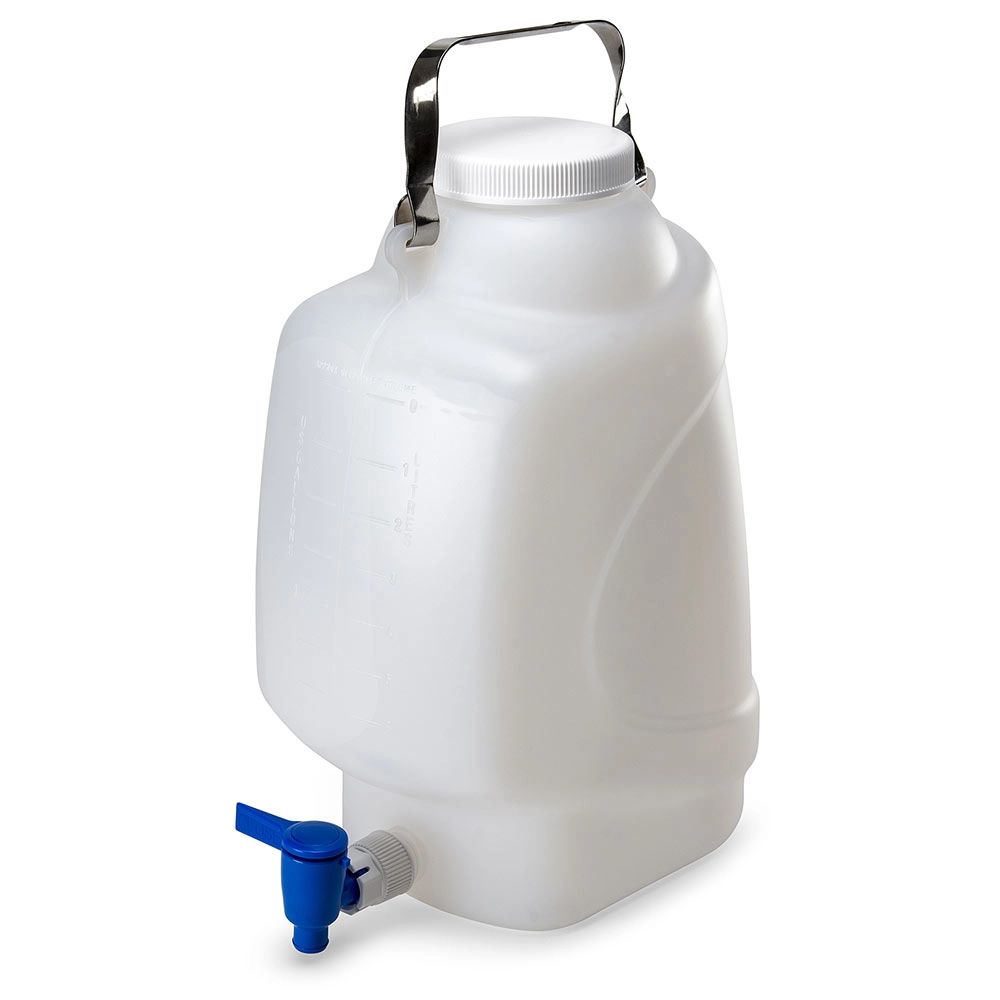 Carboy, Rectangular with Spigot and Handle, PP, White PP Screwcap, 10 Liter, Molded Graduations, Autoclavable — Qty/Unit: 1