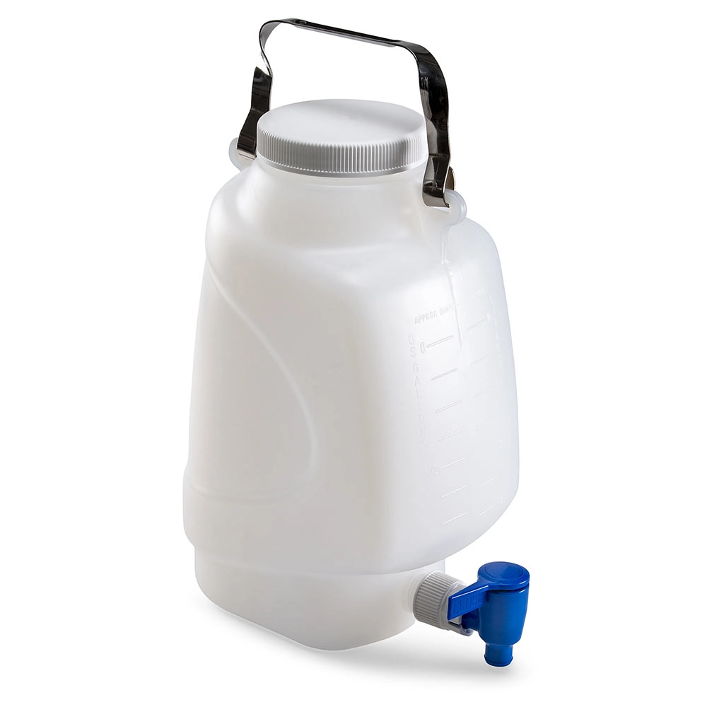 Carboy, Rectangular with Spigot and Handle, PP, White PP Screwcap, 5 Liter, Molded Graduations, Autoclavable — Qty/Unit: 1