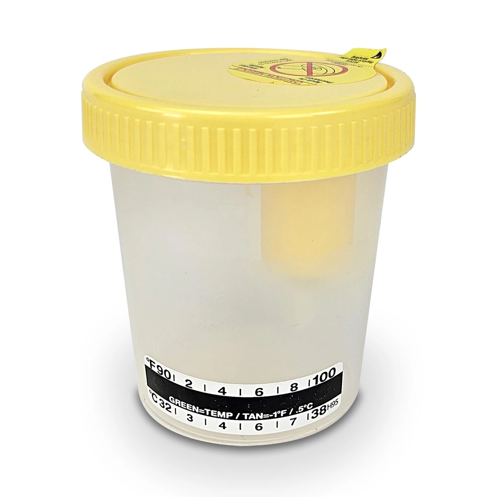 Urine Collection Cup with Integrated Transfer Device, 4oz (120mL), Graduated to 100mL, Attached Thermometer Strip, STERILE, Bulk