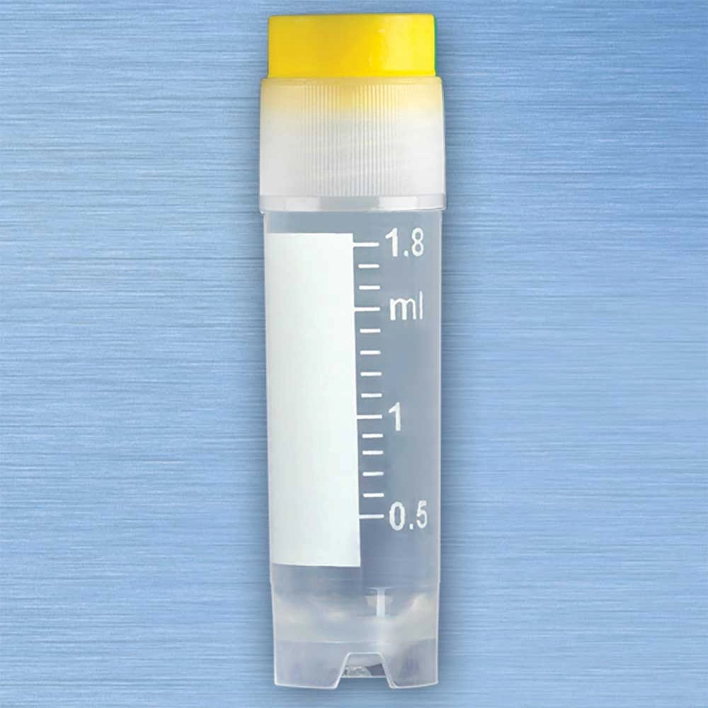 CryoCLEAR vials, 2.0mL, STERILE, External Threads, Assembled YELLOW Screwcap with Co-Molded Thermoplastic Elastomer (TPE) Sealing Layer, Round Bottom, Self-Standing, Printed Graduations, Writing Space and Barcode, 50/Bag, 10 Bags/Case — Qty/Unit: 500