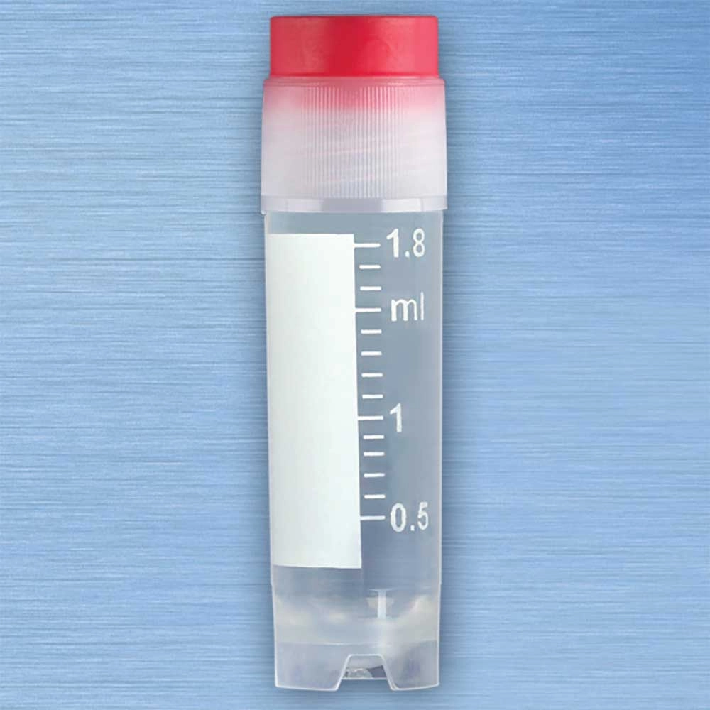 CryoCLEAR vials, 2.0mL, STERILE, External Threads, Assembled RED Screwcap with Co-Molded Thermoplastic Elastomer (TPE) Sealing Layer, Round Bottom, Self-Standing, Printed Graduations, Writing Space and Barcode, 50/Bag, 10 Bags/Case — Qty/Unit: 500