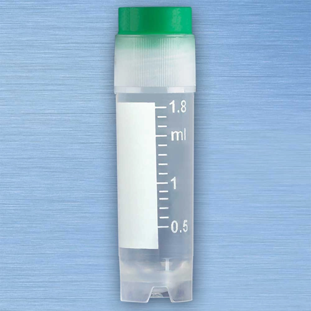 CryoCLEAR vials, 2.0mL, STERILE, External Threads, Assembled GREEN Screwcap with Co-Molded Thermoplastic Elastomer (TPE) Sealing Layer, Round Bottom, Self-Standing, Printed Graduations, Writing Space and Barcode, 50/Bag, 10 Bags/Case — Qty/Unit: 500