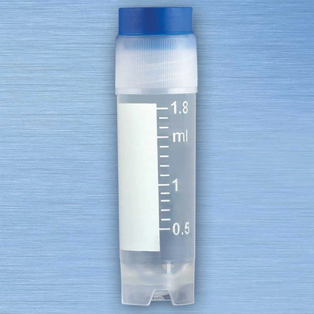 CryoCLEAR vials, 2.0mL, STERILE, External Threads, Assembled BLUE Screwcap with Co-Molded Thermoplastic Elastomer (TPE) Sealing Layer, Round Bottom, Self-Standing, Printed Graduations, Writing Space and Barcode, 50/Bag, 10 Bags/Case — Qty/Unit: 500