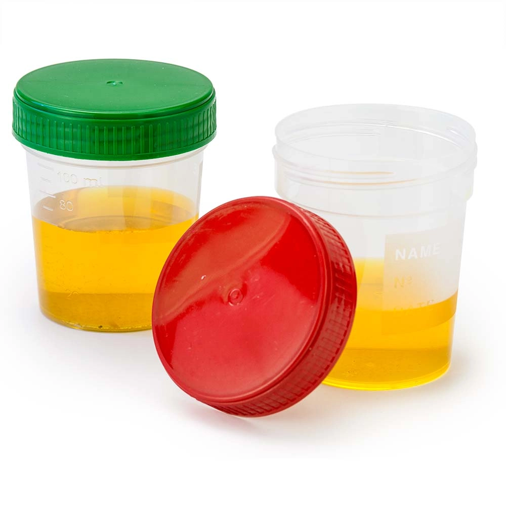 Specimen Container, 4oz, with Full Turn Red Separate Screwcap, Frosted Writing Area, Non-Sterile, PP, Graduated — Qty/Unit: 500