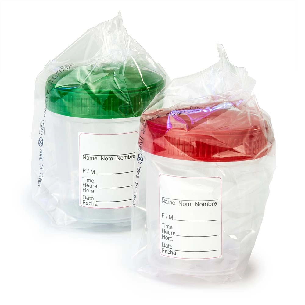 Specimen Container, 4oz, with Full Turn Red Attached Screwcap, ID Label, PP, Graduated, Cleanroom ISO8 Aseptic Sterile, Individually Wrapped — Qty/Unit: 250