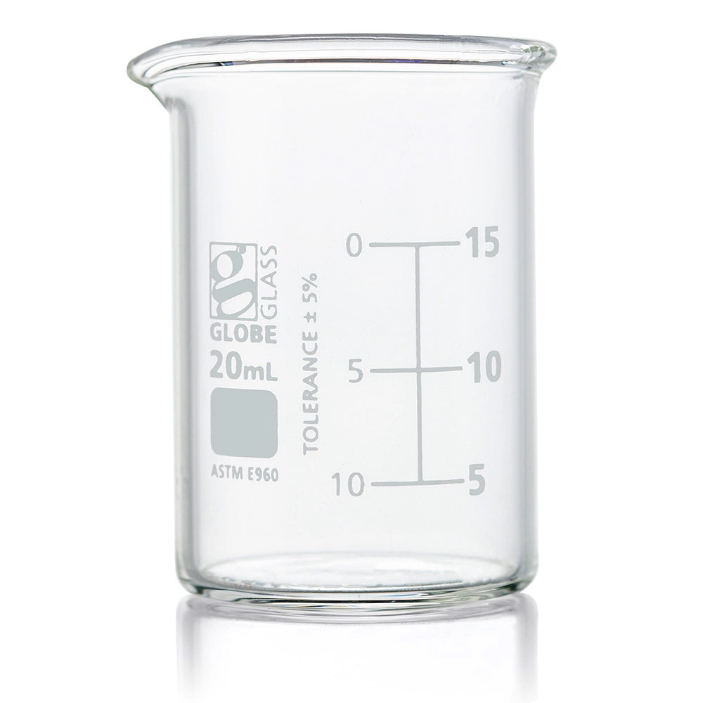 Beaker, Globe Glass, 20mL, Low Form Griffin Style, Dual Graduations, ASTM E960, 12/Box — Qty/Unit: 12