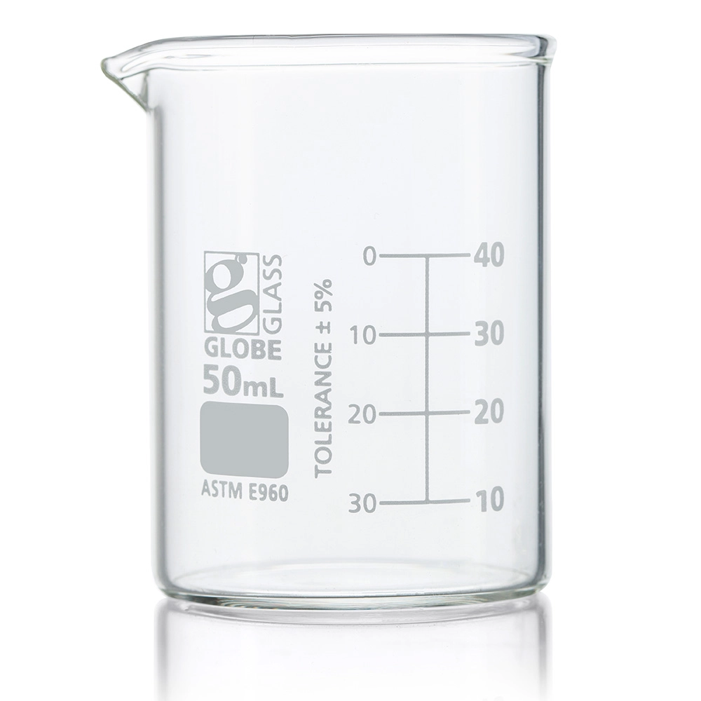 Beaker, Globe Glass, 50mL, Low Form Griffin Style, Dual Graduations, ASTM E960, 12/Box — Qty/Unit: 12