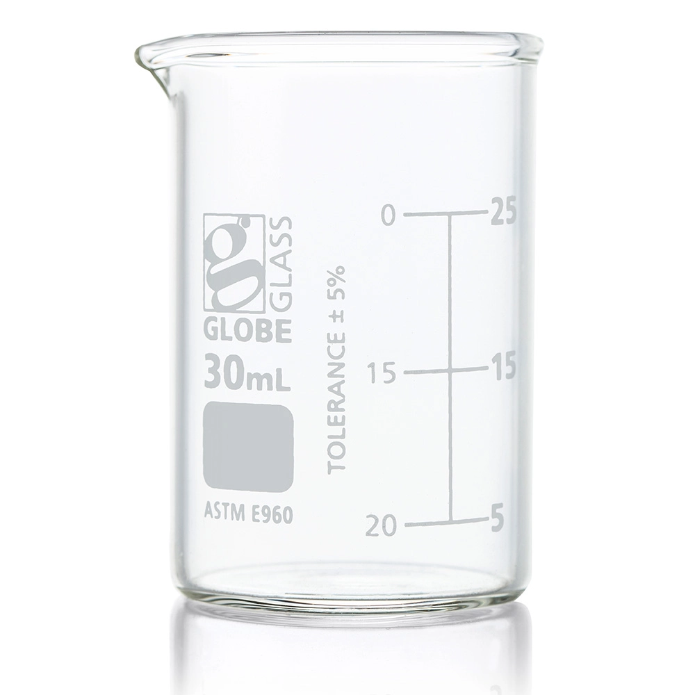 Beaker, Globe Glass, 30mL, Low Form Griffin Style, Dual Graduations, ASTM E960, 12/Box — Qty/Unit: 12