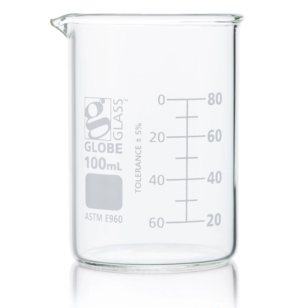 Beaker, Globe Glass, 100mL, Low Form Griffin Style, Dual Graduations, ASTM E960, 12/Box — Qty/Unit: 12