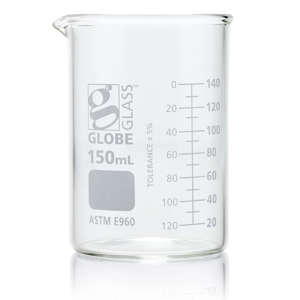 Beaker, Globe Glass, 150mL, Low Form Griffin Style, Dual Graduations, ASTM E960, 12/Box — Qty/Unit: 12