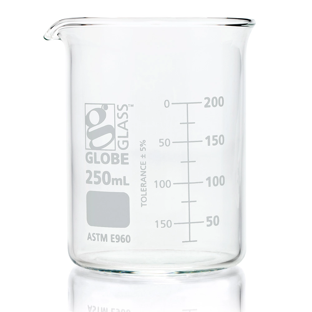 Beaker, Globe Glass, 250mL, Low Form Griffin Style, Dual Graduations, ASTM E960, 12/Box — Qty/Unit: 12