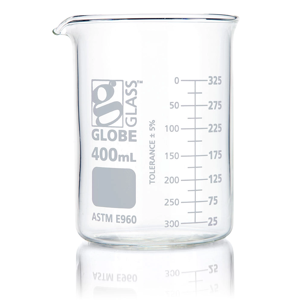 Beaker, Globe Glass, 400mL, Low Form Griffin Style, Dual Graduations, ASTM E960, 12/Box — Qty/Unit: 12