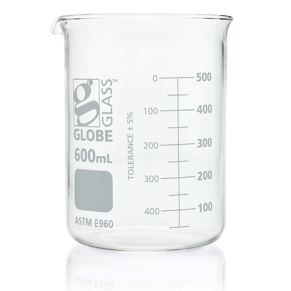 Beaker, Globe Glass, 600mL, Low Form Griffin Style, Dual Graduations, ASTM E960, 6/Box — Qty/Unit: 6